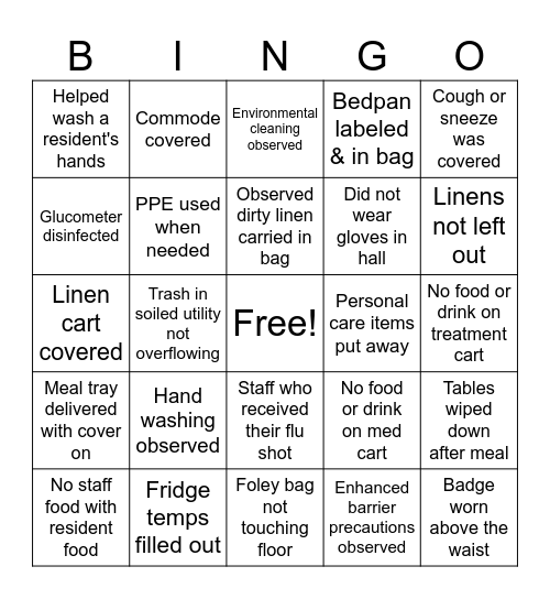 Infection Control Bingo Card