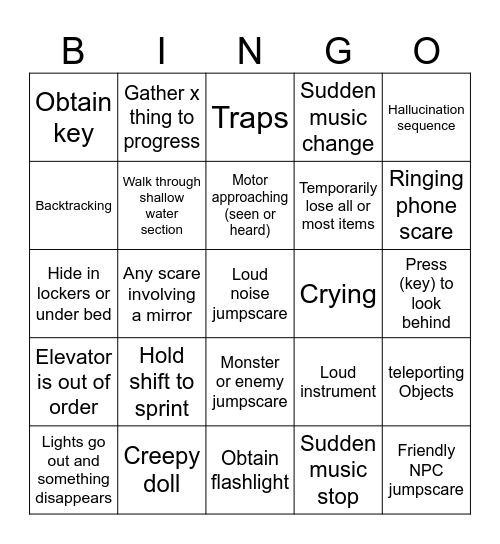 Horror Game Jumpscare Bingo Card