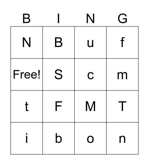 Kindergarten Bingo Card