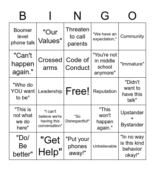 "Serious Talk" Bingo Card