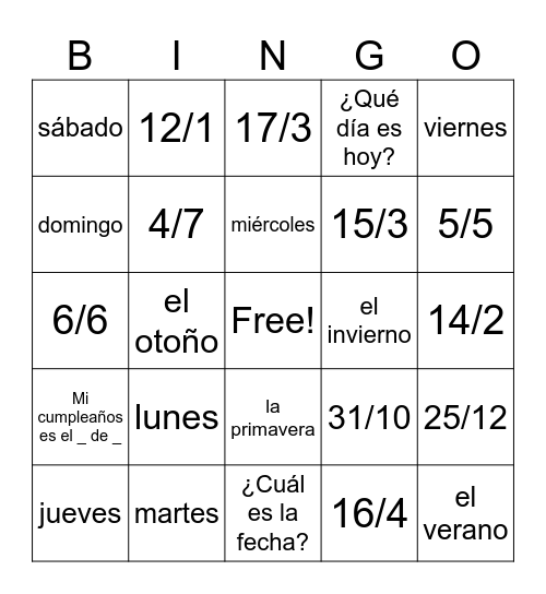 La fecha Bingo Card