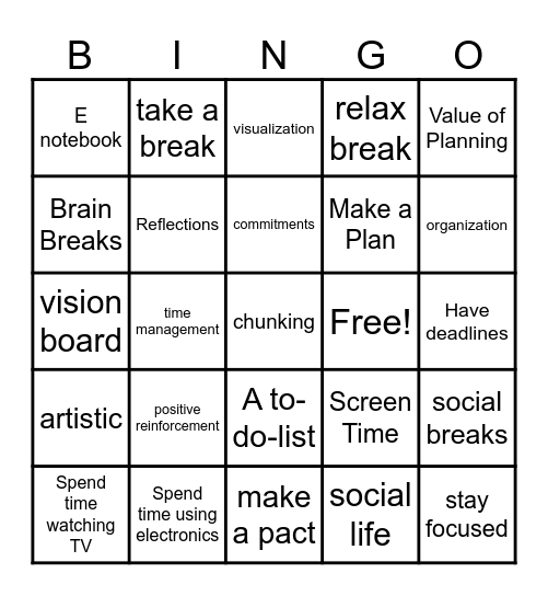 Time Management Bingo Card