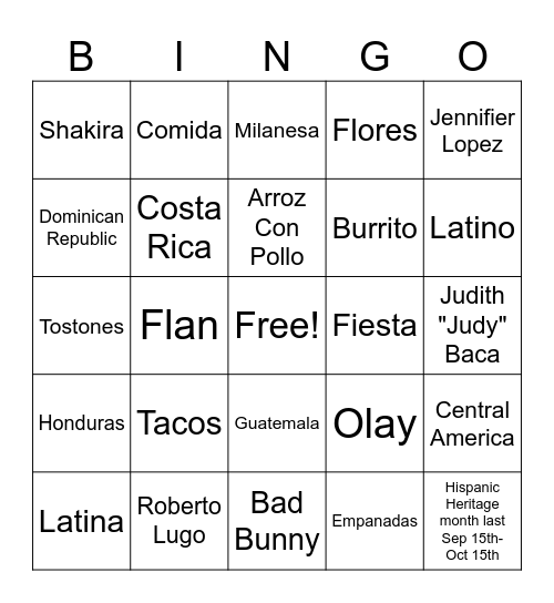 Hispanic Heritage Bingo Card