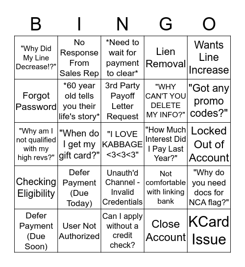 Kabbage CS Bingo Card