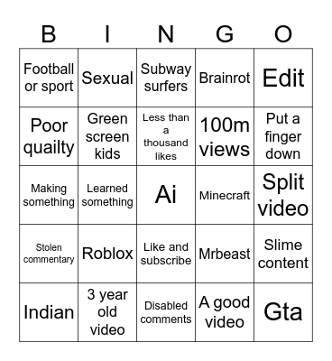 YouTube bingo Card
