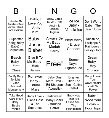 Song Titles with "Baby" or "Sunshine" Bingo Card