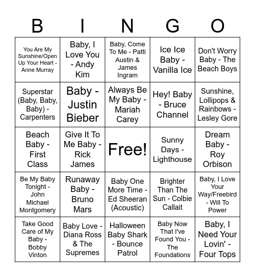 Song Titles with "Baby" or "Sunshine" Bingo Card