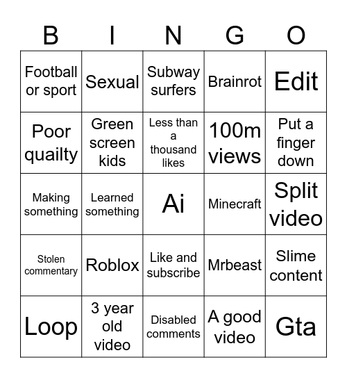 YouTube bingo Card