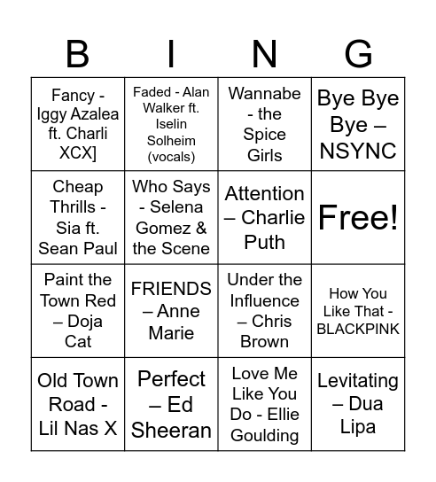 Music Bingo Card