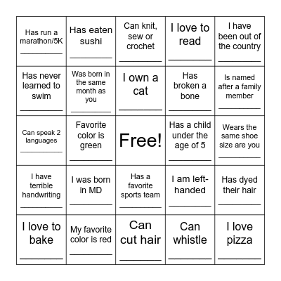 Get to Know You Bingo Card
