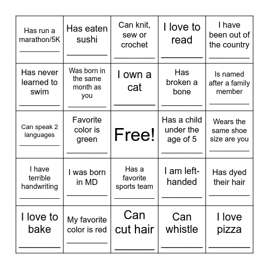 Get to Know You Bingo Card