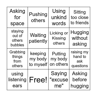 Personal Space Bingo Card