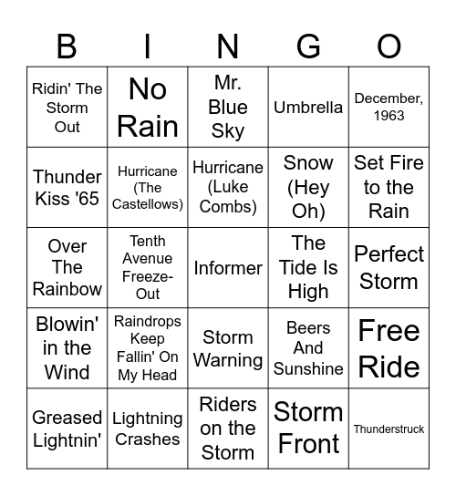 Weather Related Songs Bingo Card