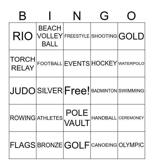 RIO OLYMPICS 2016 Bingo Card