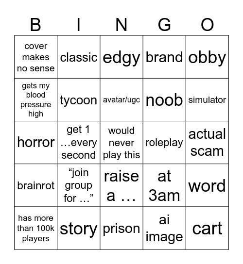 Roblox Explore Bingo Card