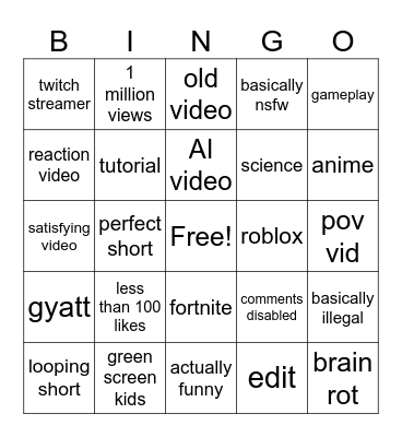 YouTube shorts bingo card. Bingo Card