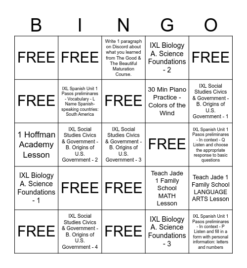 RUBY'S REVISED BINGO 9/25/2024 Bingo Card