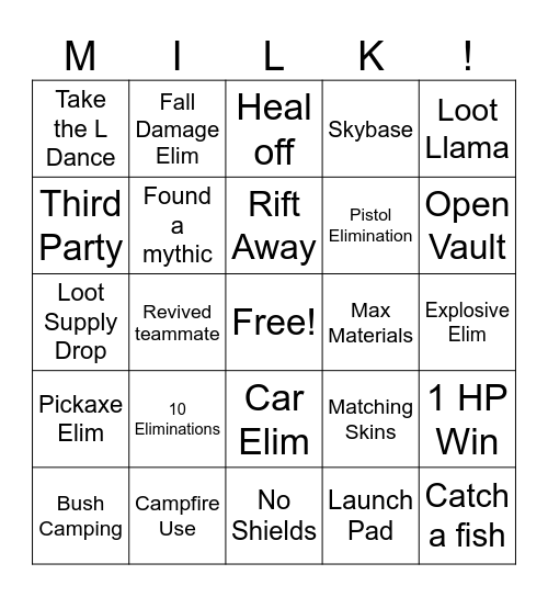 Milk Cup Bingo Card