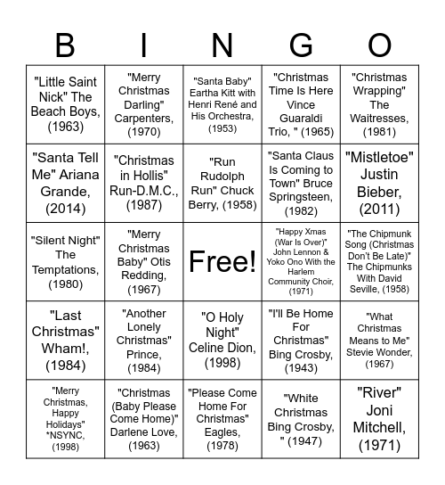 BAH - Christmas Hits - Singo Bingo Card