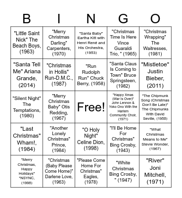 BAH – Christmas Hits – Singo Bingo Card