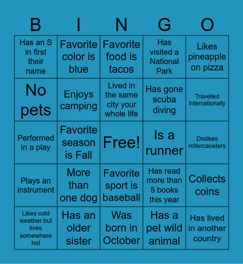 Get To Know You! Bingo Card