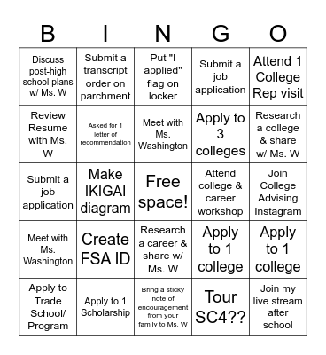 College month Bingo Card