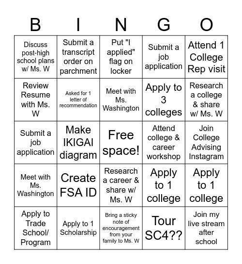 College month Bingo Card