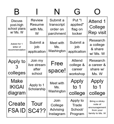 College month Bingo Card