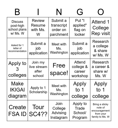 College month Bingo Card