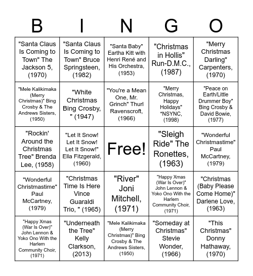 BAH – Christmas Hits – Singo Bingo Card