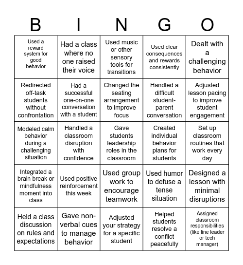 Classroom management Bingo Card