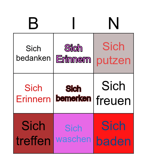 Reflexive verbs Bingo Card