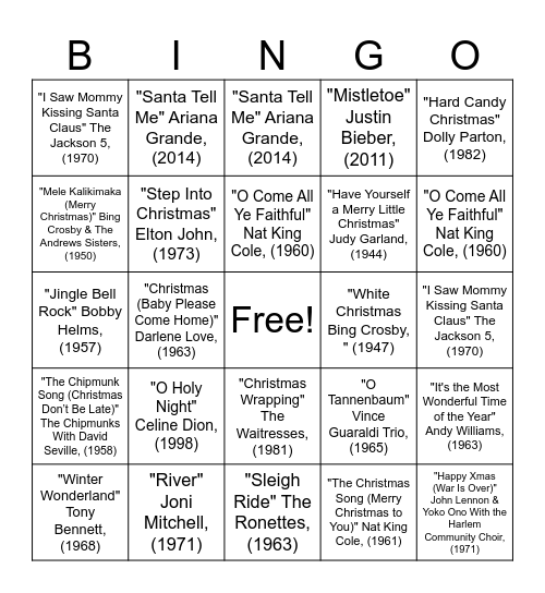 BAH – Christmas Hits – Singo Bingo Card