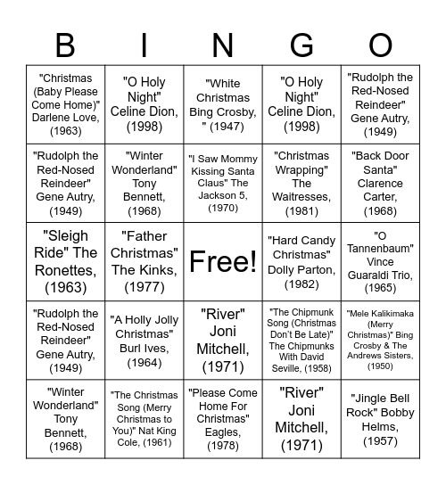 BAH – Christmas Hits – Singo Bingo Card