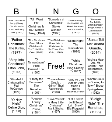 BAH – Christmas Hits – Singo Bingo Card