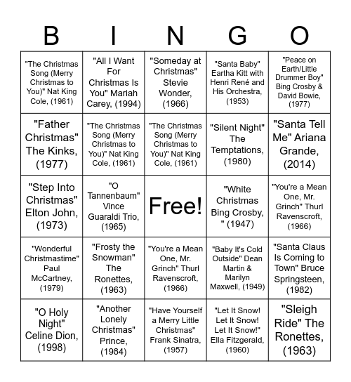BAH – Christmas Hits – Singo Bingo Card