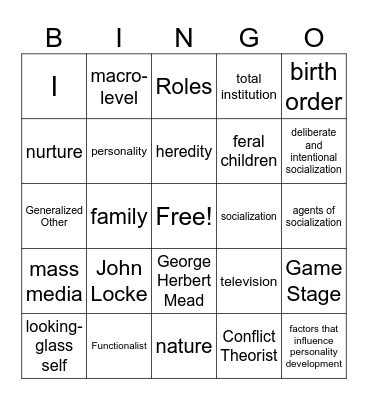 "Socialization" Bingo Card
