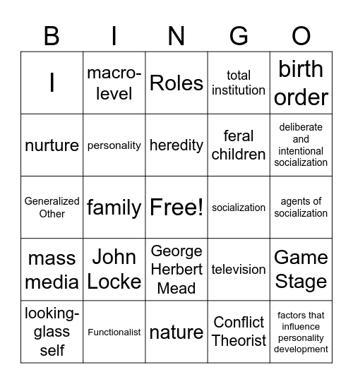 "Socialization" Bingo Card