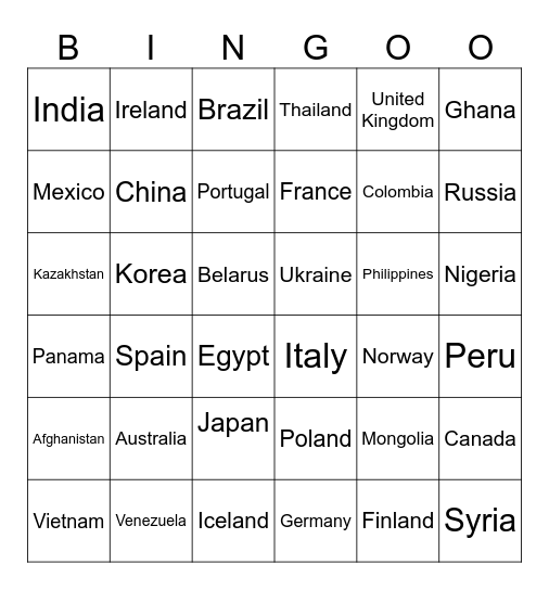 International Bingo Card