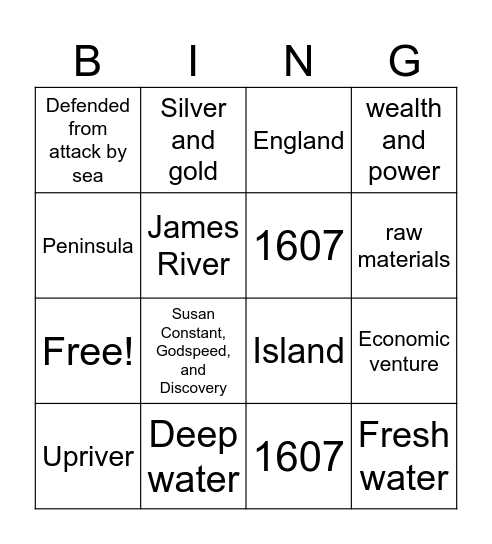 Jamestown Bingo Card