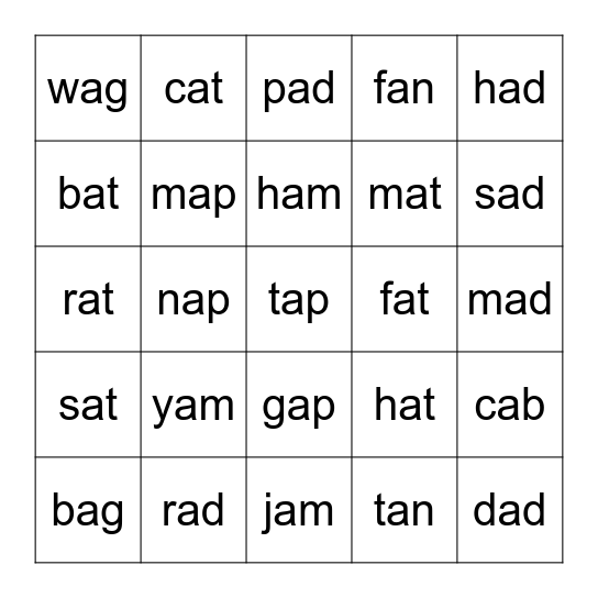 Short a Bingo Card
