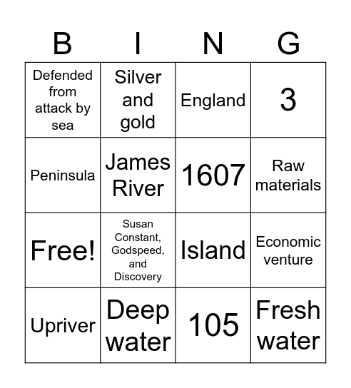 Jamestown Bingo Card