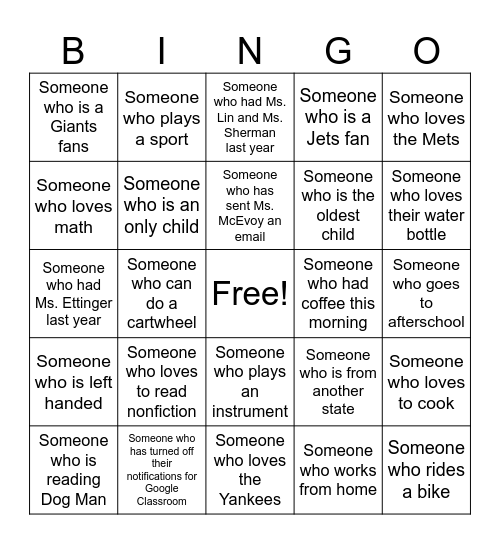 Getting to Know You Bingo Card