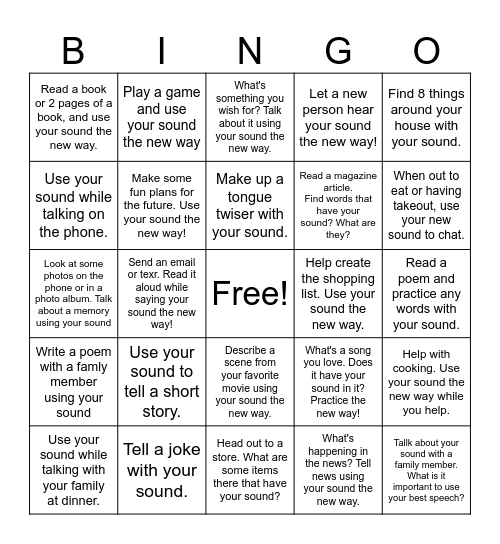 articulation carryover at home bingo Card