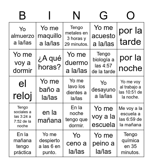 El Horario Bingo Card