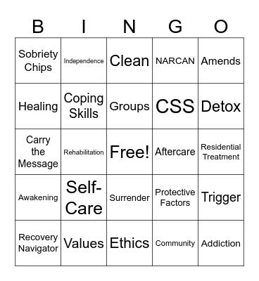 Recovery Bingo Card