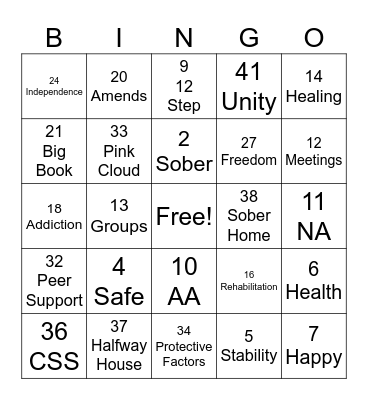 Recovery Bingo Card