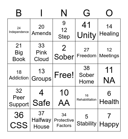 Recovery Bingo Card