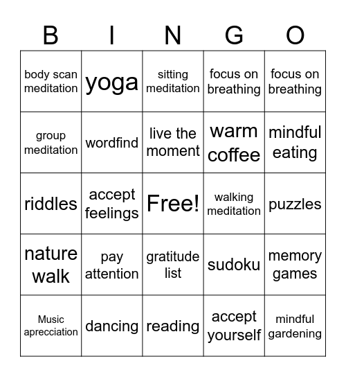 Mindfulness Bingo Card