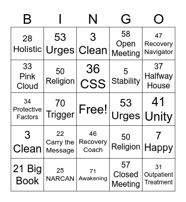 Recovery Bingo Card